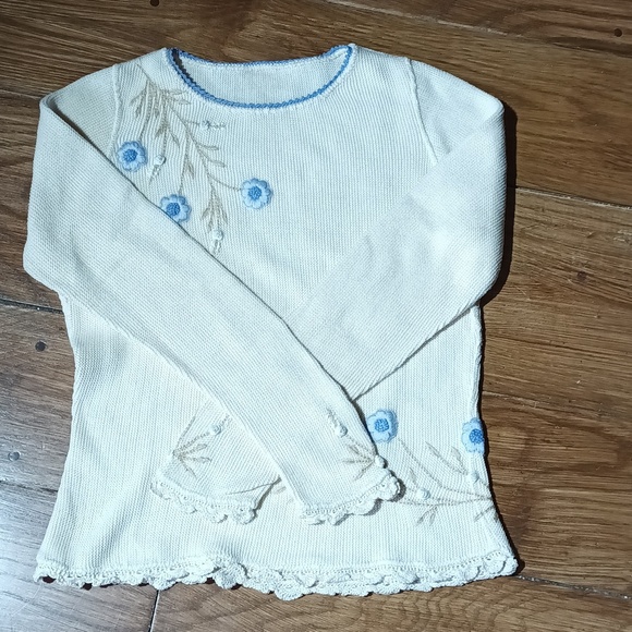 Vintage Grannyknit Cottagecore Floral Embroidered Crochet Cream Sweater - Picture 7 of 7